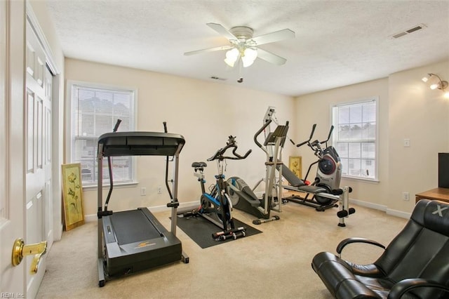 workout area featuring baseboards, carpet, visible vents, and a textured ceiling