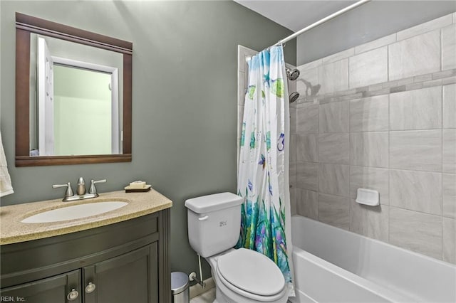 bathroom with toilet, vanity, and shower / bathtub combination with curtain