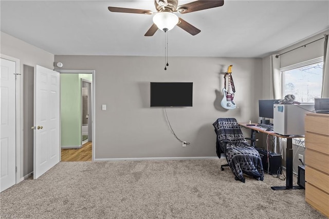 office with carpet, baseboards, and ceiling fan