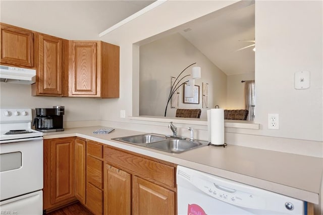 kitchen with under cabinet range hood, white appliances, light countertops, and a sink