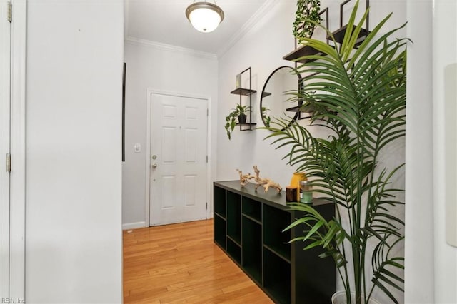 hallway with light wood-style flooring and crown molding