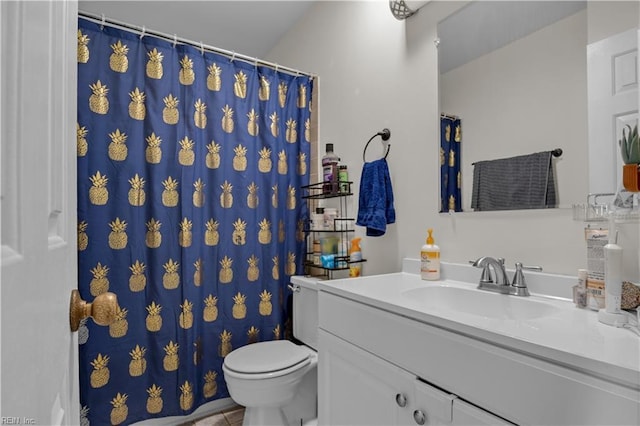 bathroom with a shower with curtain, toilet, and vanity