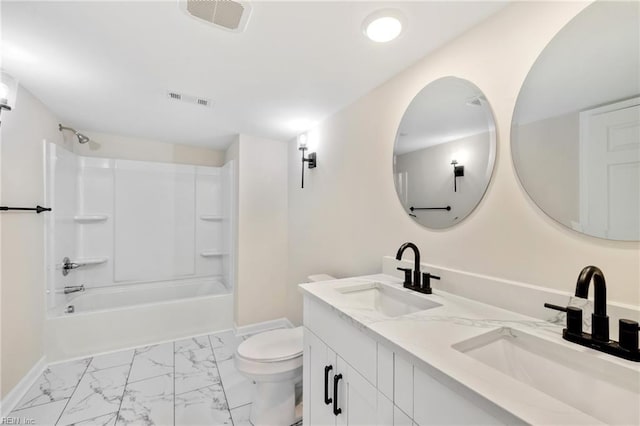 bathroom featuring a sink, visible vents, toilet, and marble finish floor