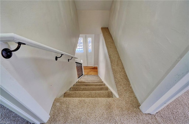 staircase featuring carpet flooring