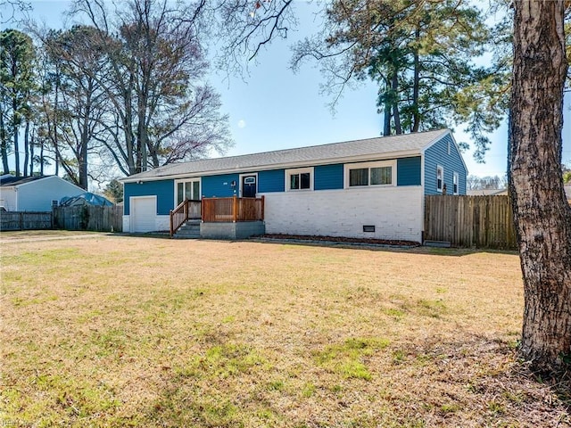 single story home with crawl space, a front lawn, a garage, and fence