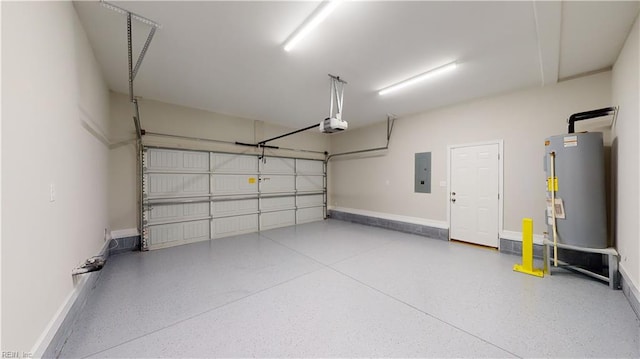 garage featuring electric panel, a garage door opener, water heater, and baseboards