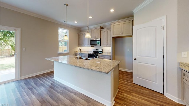 kitchen featuring gas stove, stainless steel microwave, crown molding, and a sink