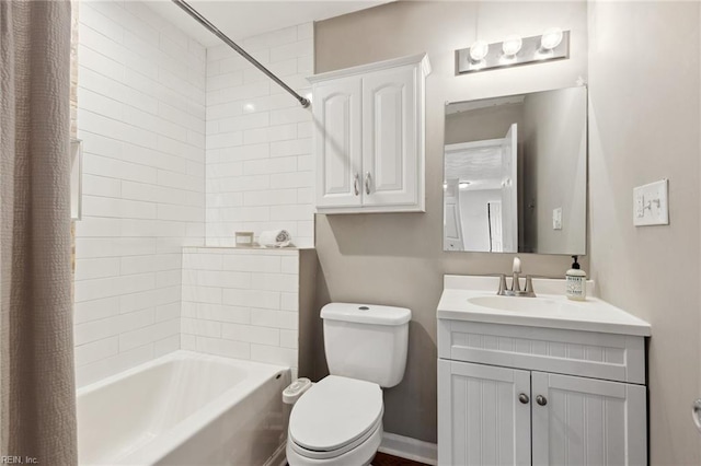 full bath with toilet, vanity, and shower / bathtub combination with curtain