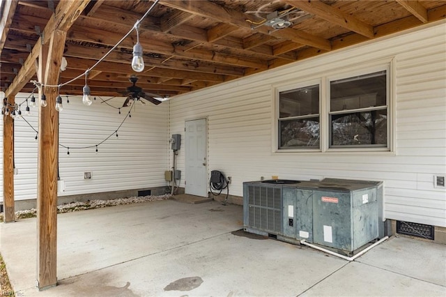 view of patio featuring central air condition unit and a ceiling fan