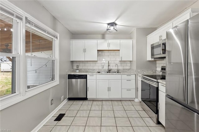 kitchen with backsplash, white cabinets, stainless steel appliances, and a sink