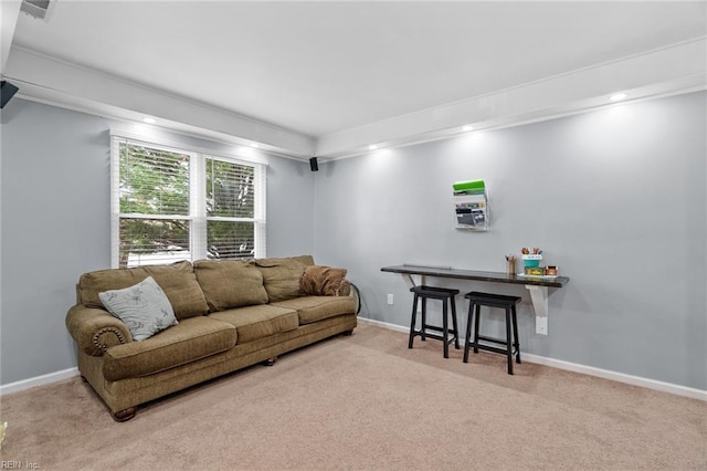 living room with recessed lighting, baseboards, and carpet floors