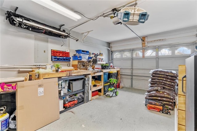 garage with electric panel and a garage door opener