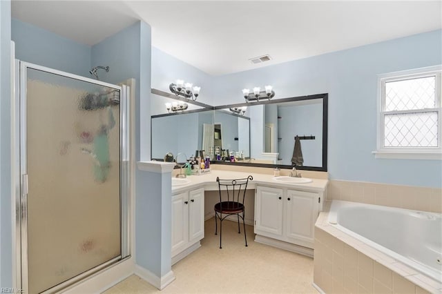 bathroom with a sink, visible vents, double vanity, and a shower stall