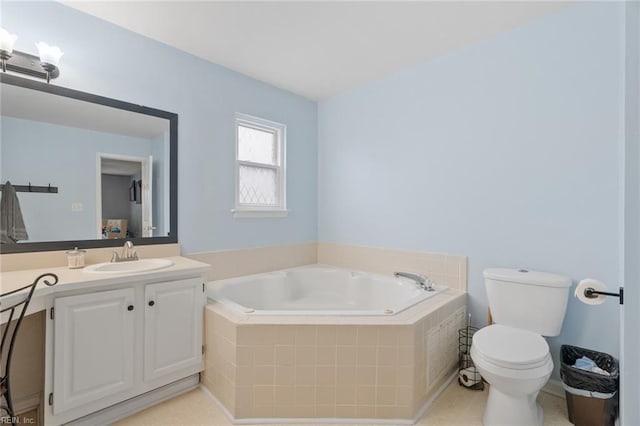 full bathroom with a bath, tile patterned floors, toilet, and vanity