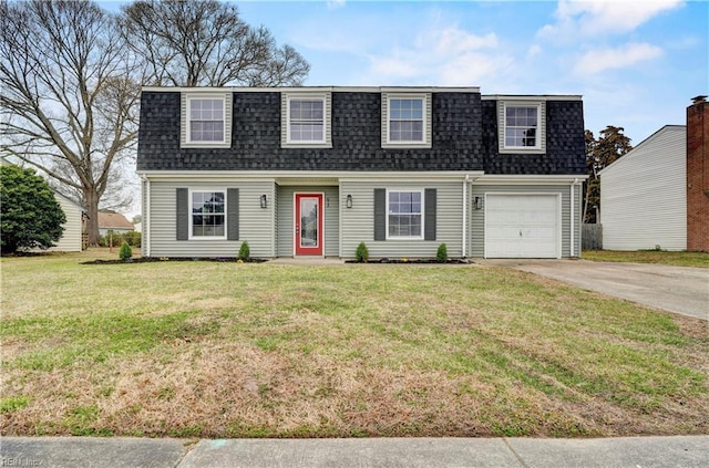 view of front of home featuring mansard roof, concrete driveway, a front lawn, and a shingled roof