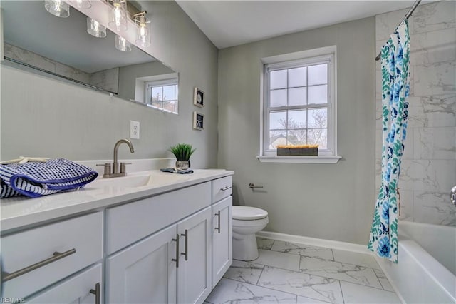 bathroom featuring baseboards, toilet, shower / tub combo with curtain, marble finish floor, and vanity