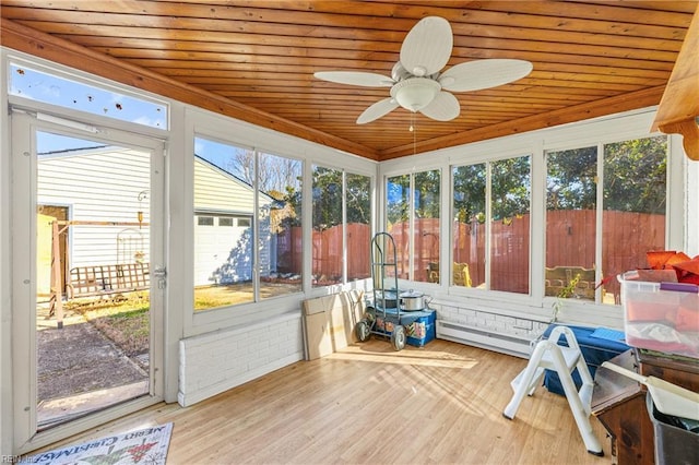 sunroom with wooden ceiling and a ceiling fan