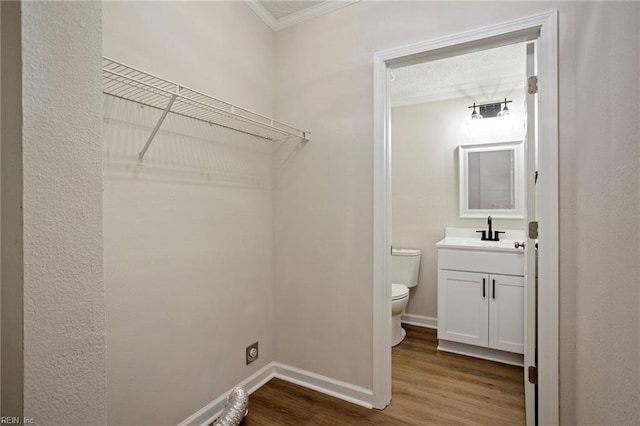 laundry area featuring crown molding, wood finished floors, baseboards, and a sink