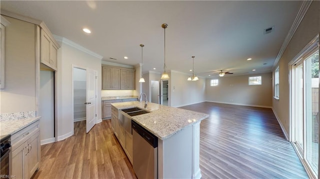 kitchen with a sink, stainless steel dishwasher, ornamental molding, and light wood finished floors