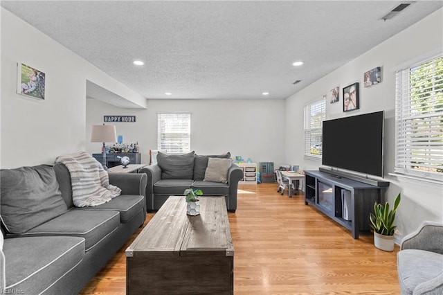 living area with a wealth of natural light, light wood-style floors, and a textured ceiling