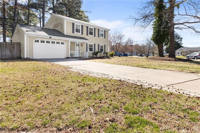 view of front of property featuring a garage, concrete driveway, a front lawn, and fence