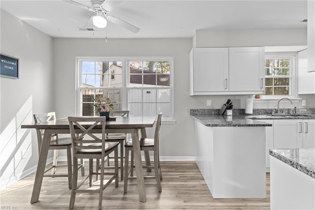 dining area with visible vents, a healthy amount of sunlight, light wood-type flooring, and ceiling fan