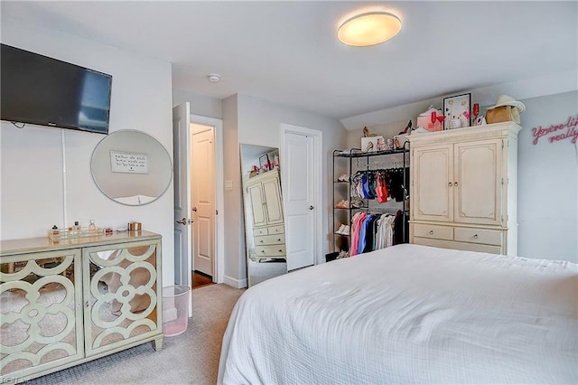 bedroom with light colored carpet