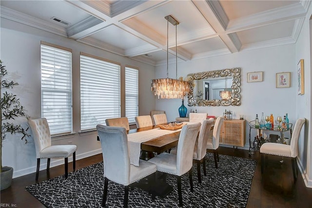 dining area with a chandelier, visible vents, coffered ceiling, and dark wood-style flooring