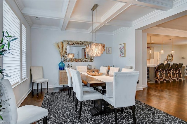 dining room with an inviting chandelier, plenty of natural light, dark wood-type flooring, and coffered ceiling