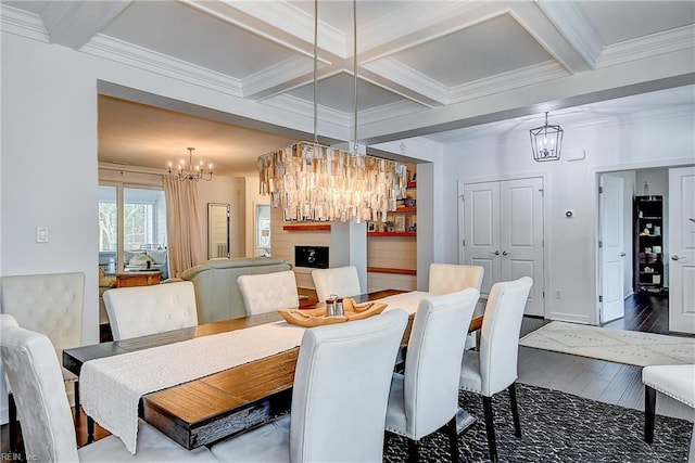 dining area with beamed ceiling, a notable chandelier, dark wood-style flooring, and coffered ceiling