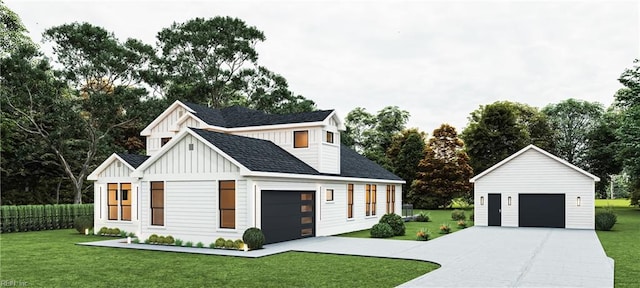 view of front of house with board and batten siding, an outdoor structure, a front yard, and roof with shingles