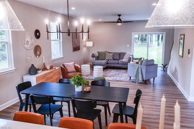 dining space featuring ceiling fan, baseboards, dark wood finished floors, and recessed lighting