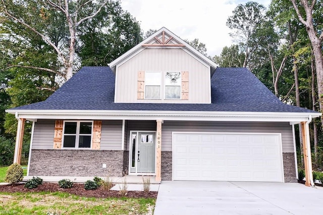 view of front of home featuring brick siding, concrete driveway, a garage, and a shingled roof