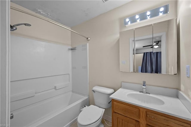 full bath with vanity, toilet, and shower / bathtub combination with curtain