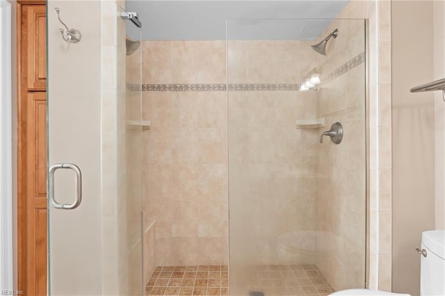 full bathroom featuring a shower stall and toilet