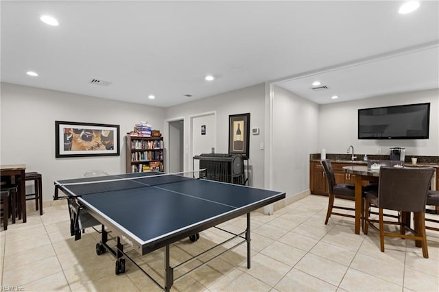 rec room featuring light tile patterned flooring, visible vents, and recessed lighting