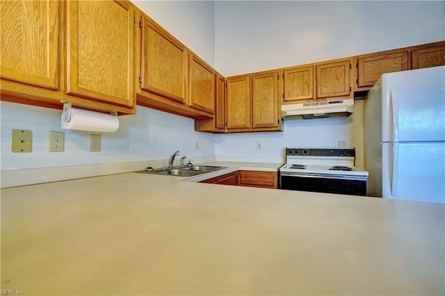 kitchen with electric range, brown cabinets, under cabinet range hood, a sink, and light countertops