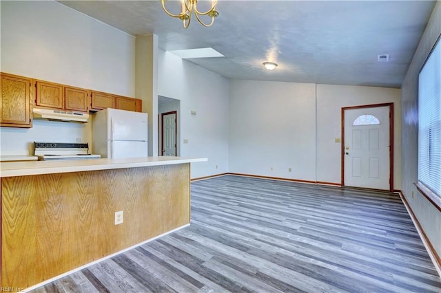 kitchen featuring under cabinet range hood, light countertops, freestanding refrigerator, wood finished floors, and electric range