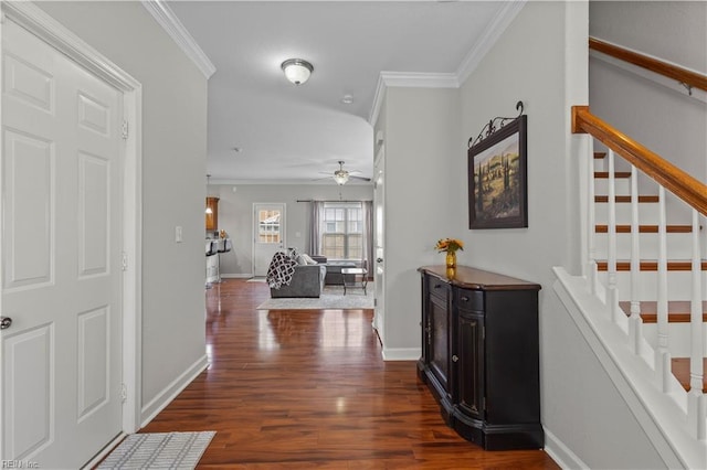 entrance foyer featuring stairway, baseboards, dark wood-style flooring, ceiling fan, and ornamental molding