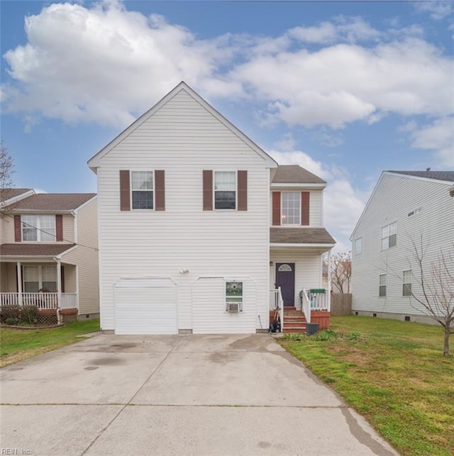 view of front of house featuring concrete driveway, an attached garage, and a front lawn