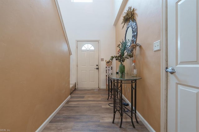 entryway with baseboards and wood finished floors