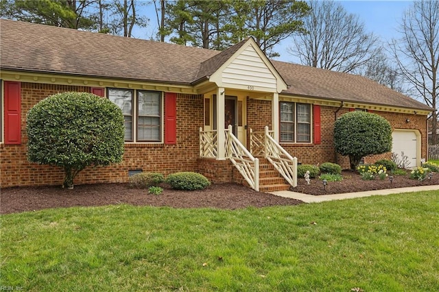 ranch-style home with brick siding, an attached garage, a front lawn, and a shingled roof