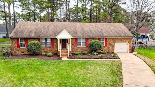 view of front of house featuring fence, an attached garage, concrete driveway, a front lawn, and crawl space