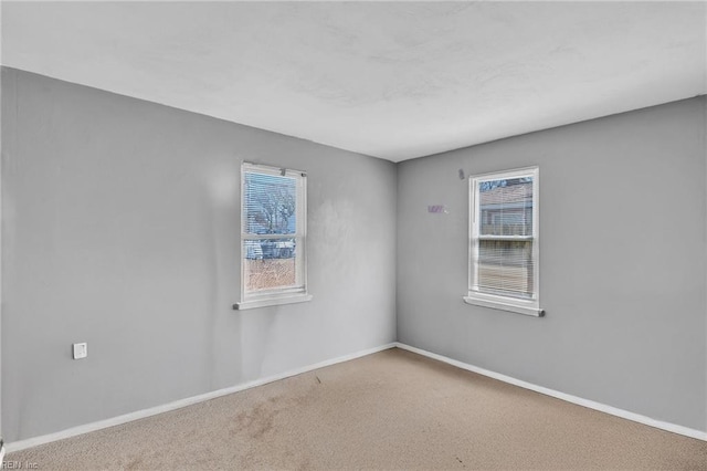 spare room featuring baseboards, plenty of natural light, and carpet