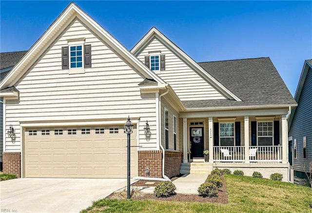 traditional home with a porch, brick siding, driveway, and roof with shingles