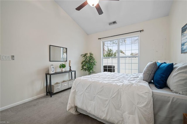 carpeted bedroom featuring visible vents, ceiling fan, baseboards, and vaulted ceiling