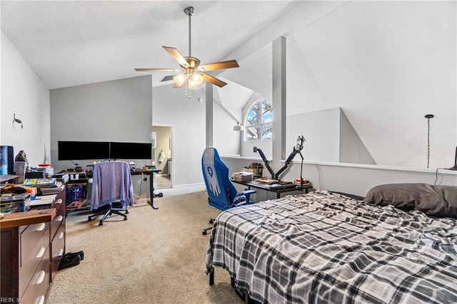 carpeted bedroom with a textured ceiling, ceiling fan, and vaulted ceiling