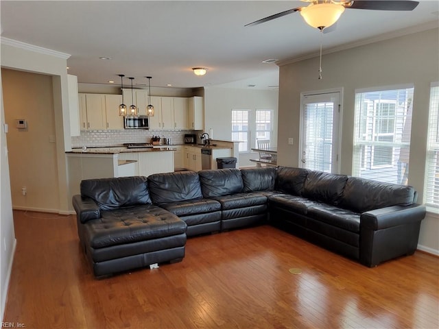 living room with a ceiling fan, crown molding, and wood finished floors