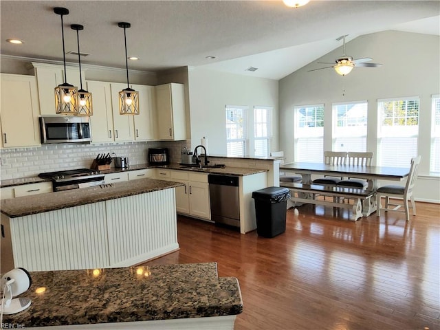 kitchen featuring a sink, dark wood-style floors, stainless steel appliances, dark stone counters, and a peninsula