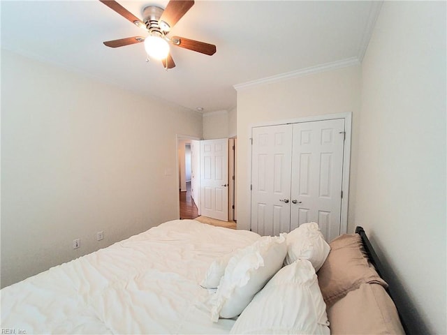 bedroom with ceiling fan, a closet, and ornamental molding